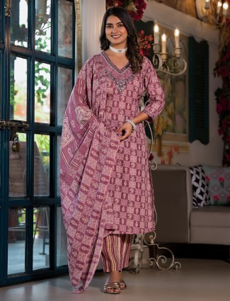 Purple printed cotton casual kurti set