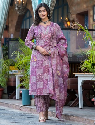 Cotton purple printed casual kurti set