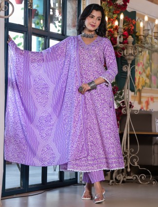 Stunning purple cotton casual printed kurti set