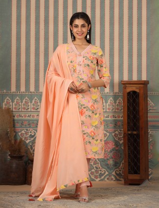 Cotton floral printed peach kurti set