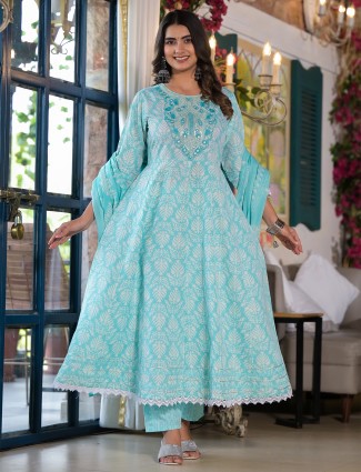 Sky blue printed kurti set with dupatta