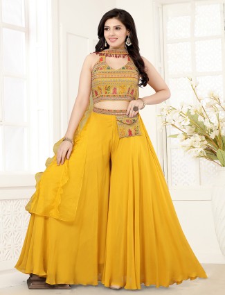 Stylish yellow crop top style palazzo suit