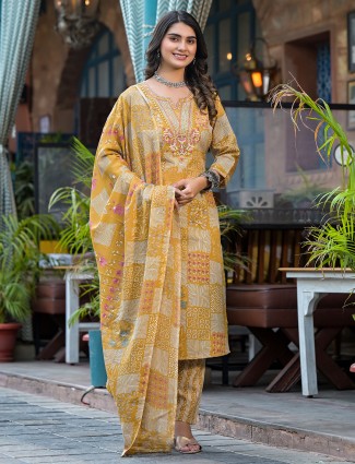 Cotton mustard yellow printed kurti set