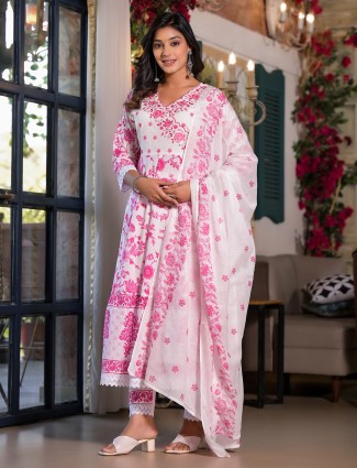 Latest white and pink printed kurti set