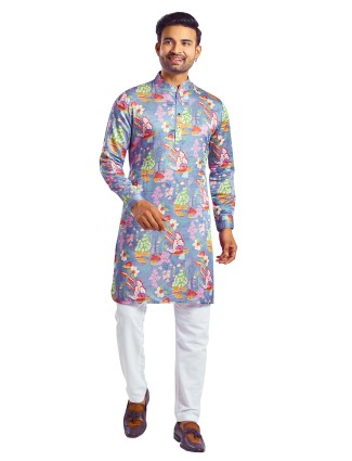 Attractive silk blue printed kurta suit