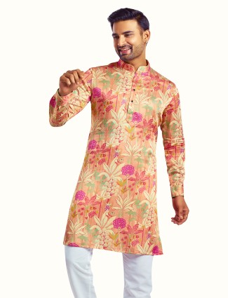 Attractive printed peach silk kurta