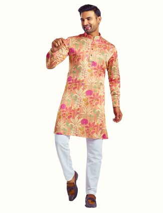 Amazing printed peach silk kurta suit