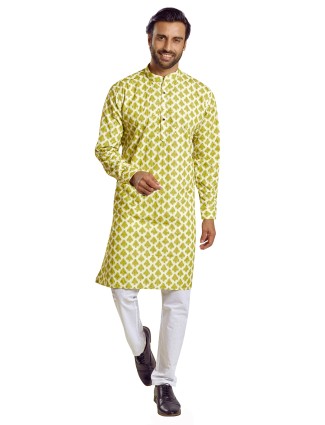 Cotton printed kurta suit in green