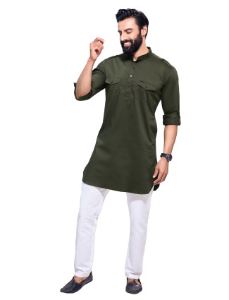 Cotton olive plain kurta suit