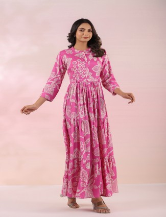 Cotton cream and pink printed kurti