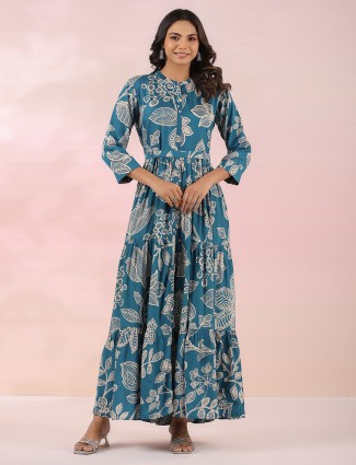 Mint blue printed cotton long kurti