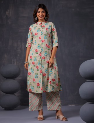 Cotton printed grey kurti with pant