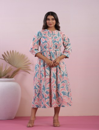 Peach and blue cotton printed kurti