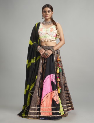 Black printed cotton silk chaniya choli