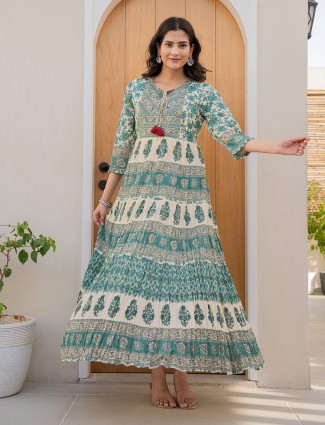 Beige and sky blue printed casual kurti