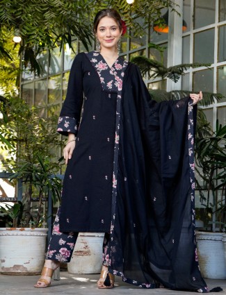 Black cotton floral print kurti set