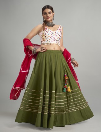 Cotton silk olive lehenga choli