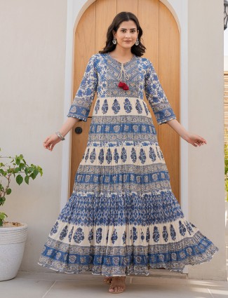 Trendy printed blue cotton kurti