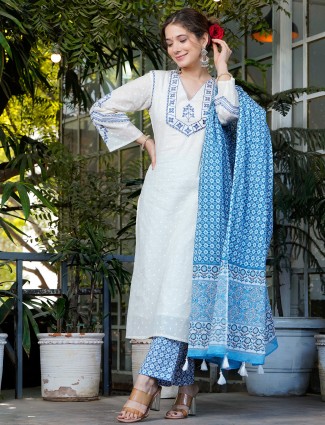 White and blue cotton kurti set with dupatta