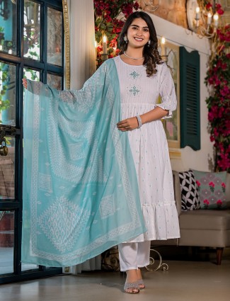 Gorgeous white and sky blue cotton kurti set