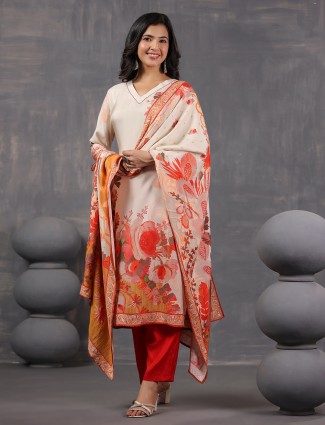 Beige and orange kurti set with dupatta