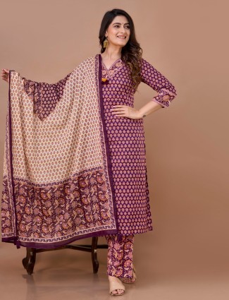 Purple kurti set with printed dupatta