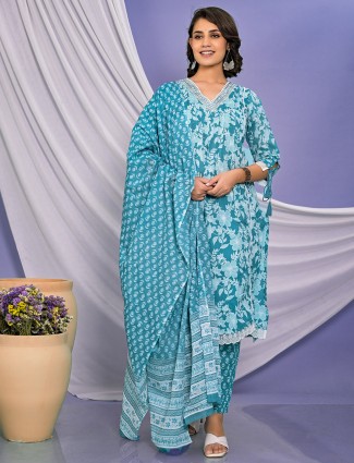 Beautiful blue cotton kurti set