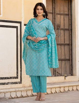 Aqua printed casual cotton kurti set