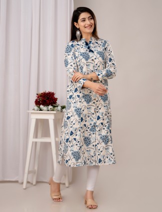 Latest cream and blue printed cotton kurti