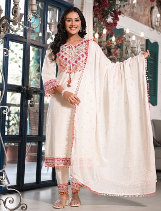 Cotton casual off white kurti set with dupatta