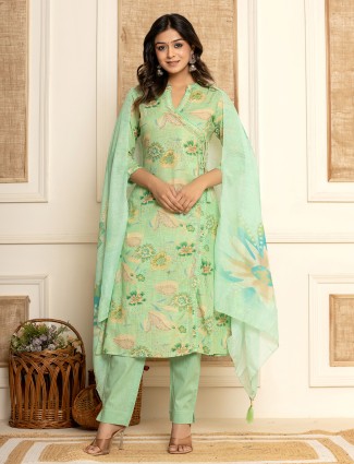 Floral printed casual sea green kurti set