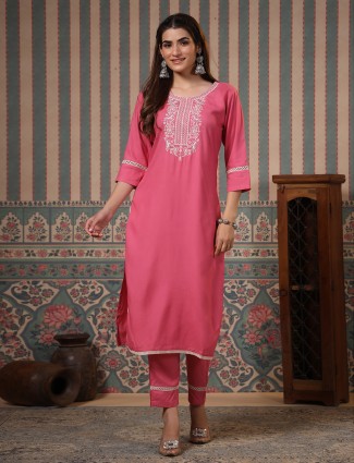 Stunning pink cotton embroidery kurti set