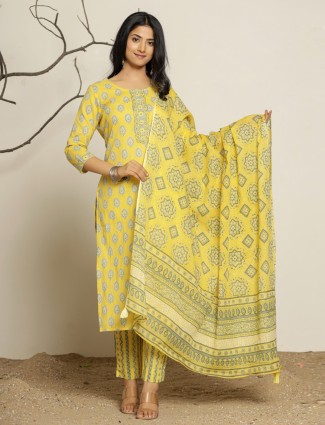 lime yellow floral printed kurti set