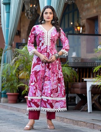 Dark pink cotton kurti set with dupatta