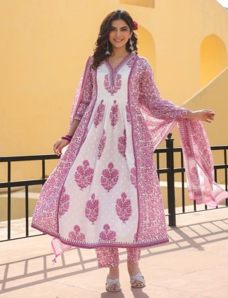 Off white and pink cotton printed kurti set