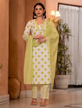 Awesome off white and light green printed cotton kurti set