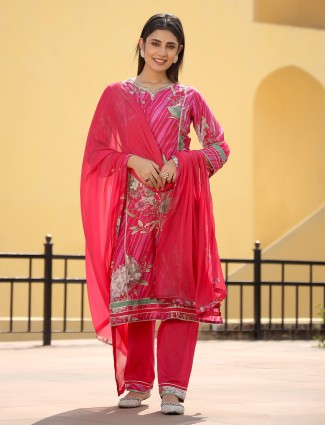 dark pink cotton quarter sleeve kurti set