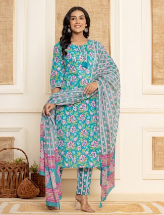 Gorgeous printed teal blue kurti set