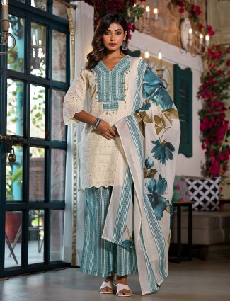 White and teal blue cotton palazzo set