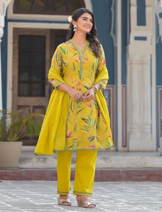 Yellow printed casual cotton kurti set