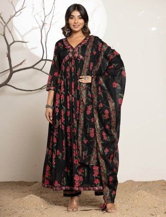 Floral print black cotton kurti set