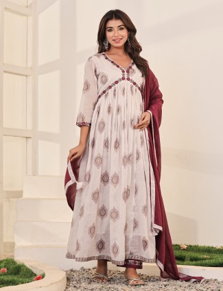 Cotton printed beige and maroon kurti set