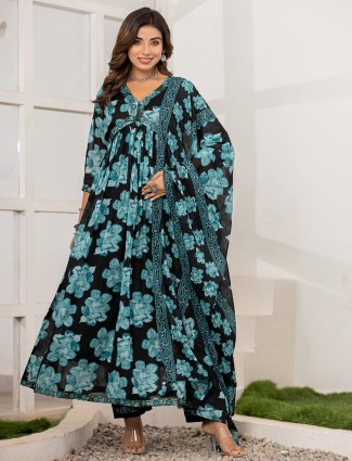 black cotton casual floral print kurti set