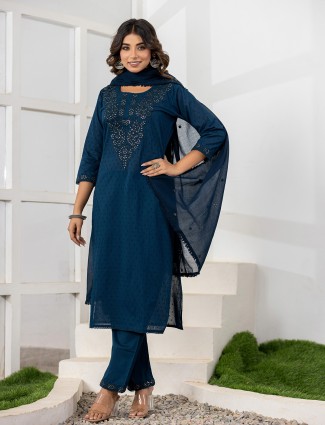 teal blue cotton casual  kurti set