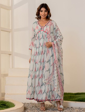 Floral print off-white cotton kurti set