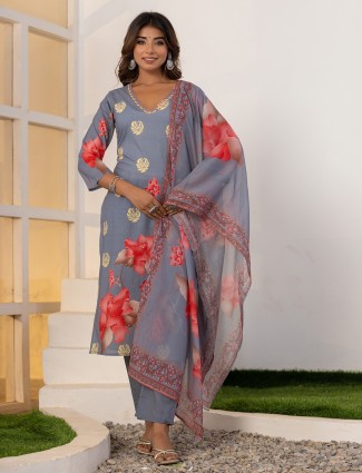 Gorgeous floral printed grey kurti set