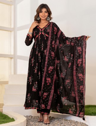 Trendy black cotton printed kurti set