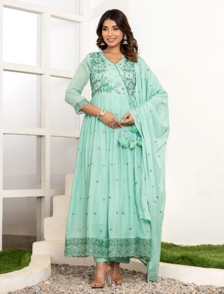 Stunning pista green anarkali kurti set kurti set