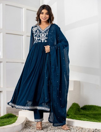 Pretty Rama blue cotton kurti set with dupatta