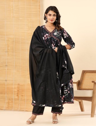 Classy black cotton printed kurti set